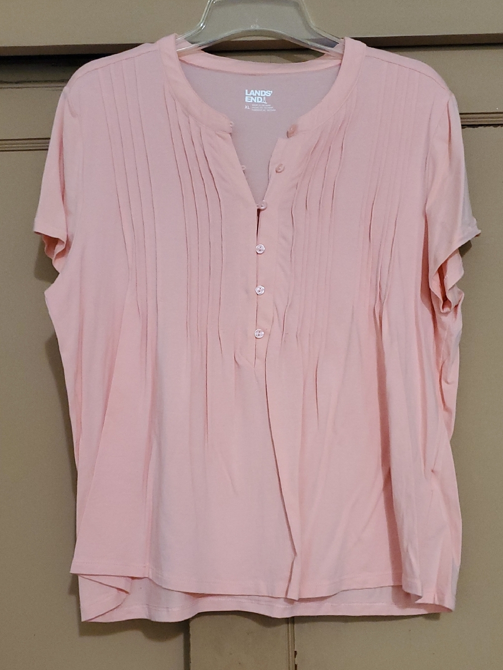 Lands' End Light Pink Short-Sleeve Pintuck Button Front Top